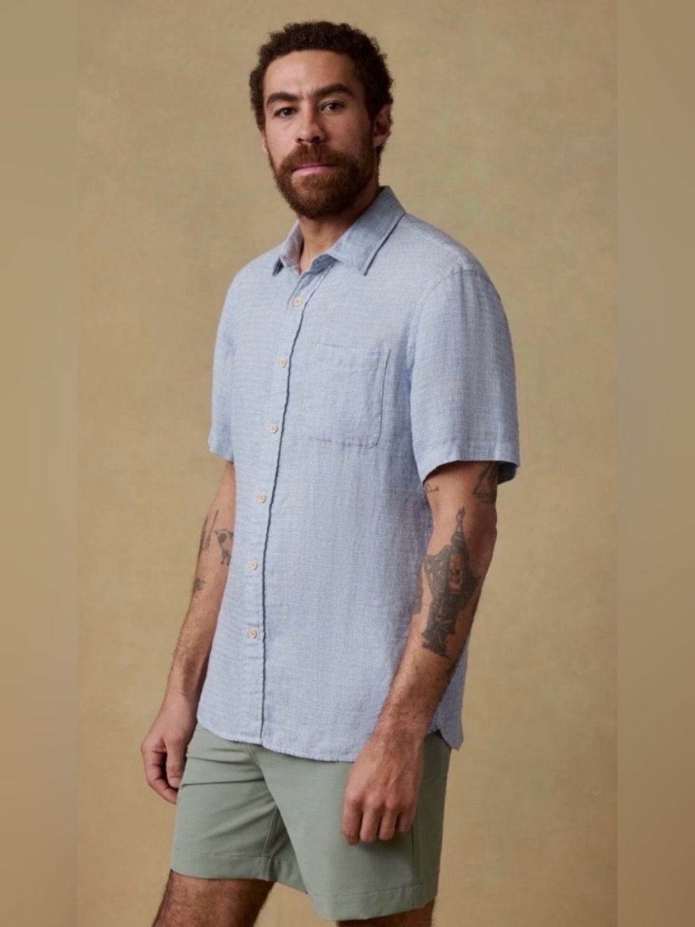 Faherty | Short Sleeve Palma Linen Shirt | Blue Basketweave | Large